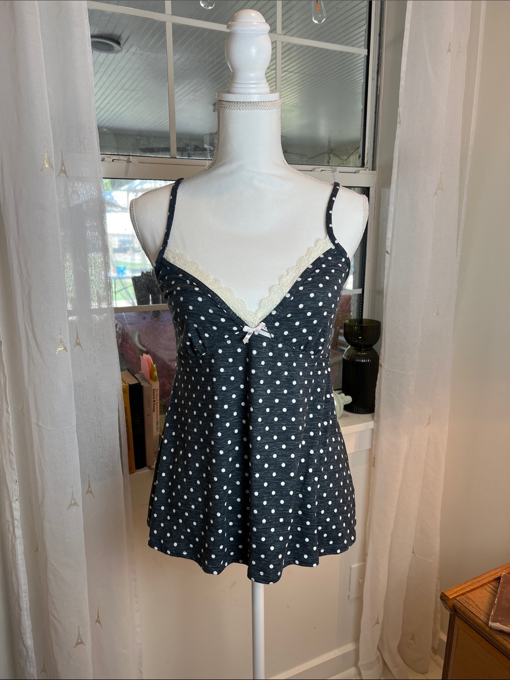 Marilyn Monroe Black & White Polka Dot Lace Trim Chemise size large.